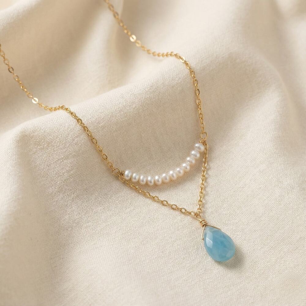 14k Gold Filled Aquamarine Genuine Pearl Necklace Adjustable 17-19.5 in